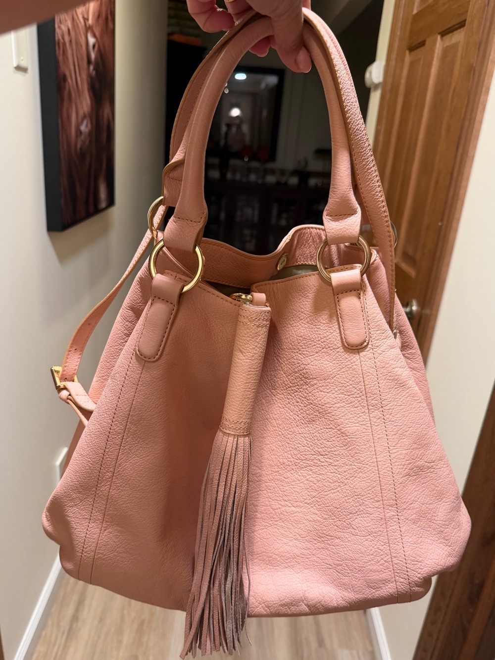 G.I.L.I Pebble Leather Tassel Convertible Hobo Bag Dust Pink/Blush - Picture 11 of 16